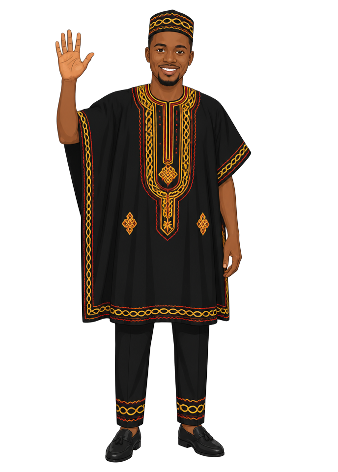 Man in Bamenda toghu attire waving hello