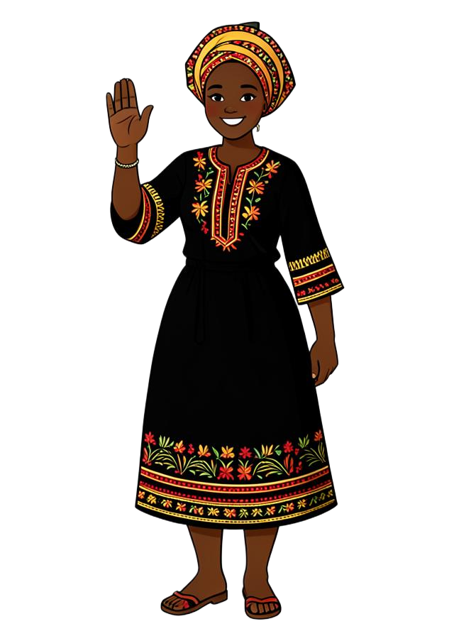 Woman in Bamenda toghu attire waving hello